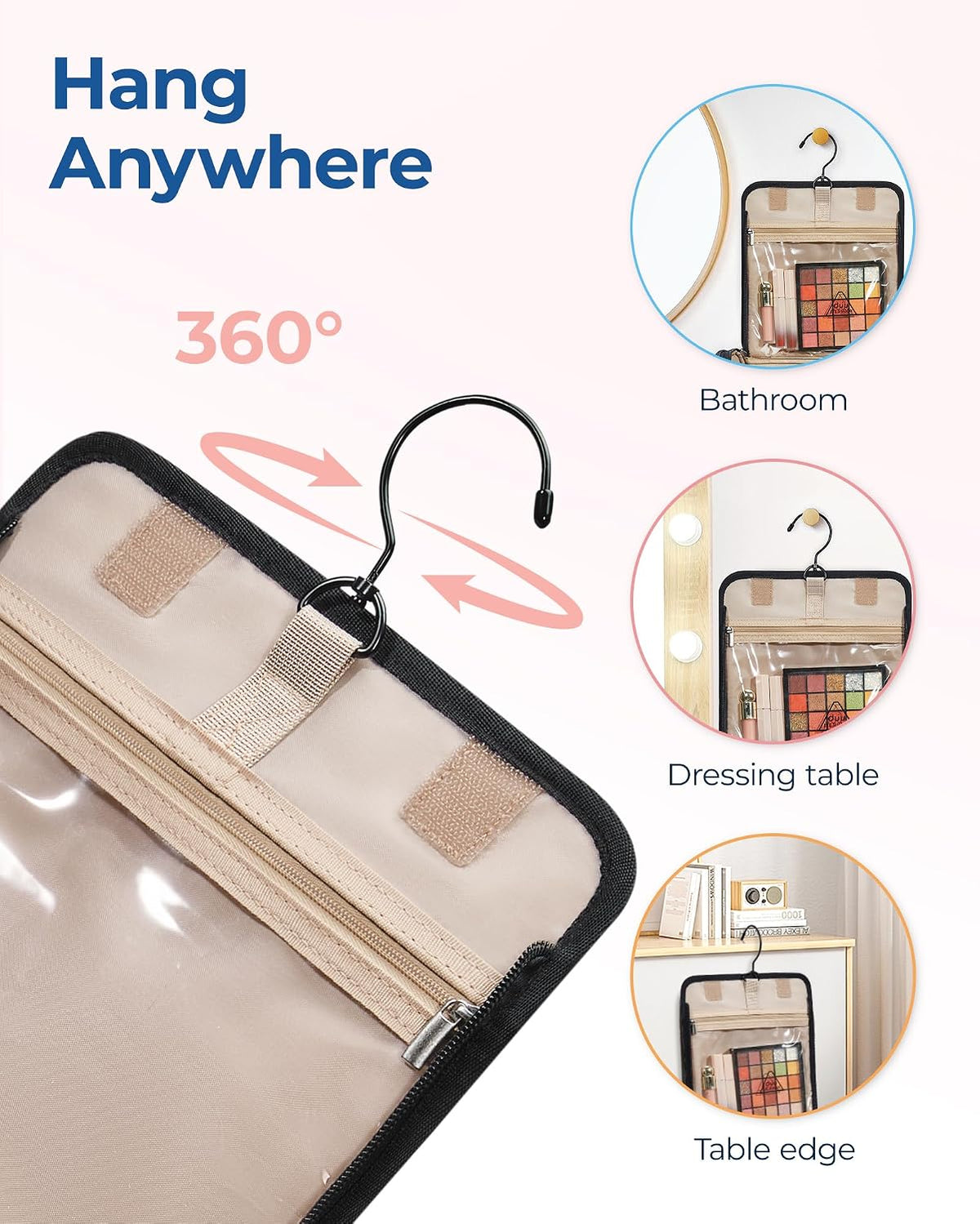 Hanging Travel Toiletry Bag, Large Capacity Water-Resistant Cosmetic Organizer with Handle for Brushes Accessories, Black
