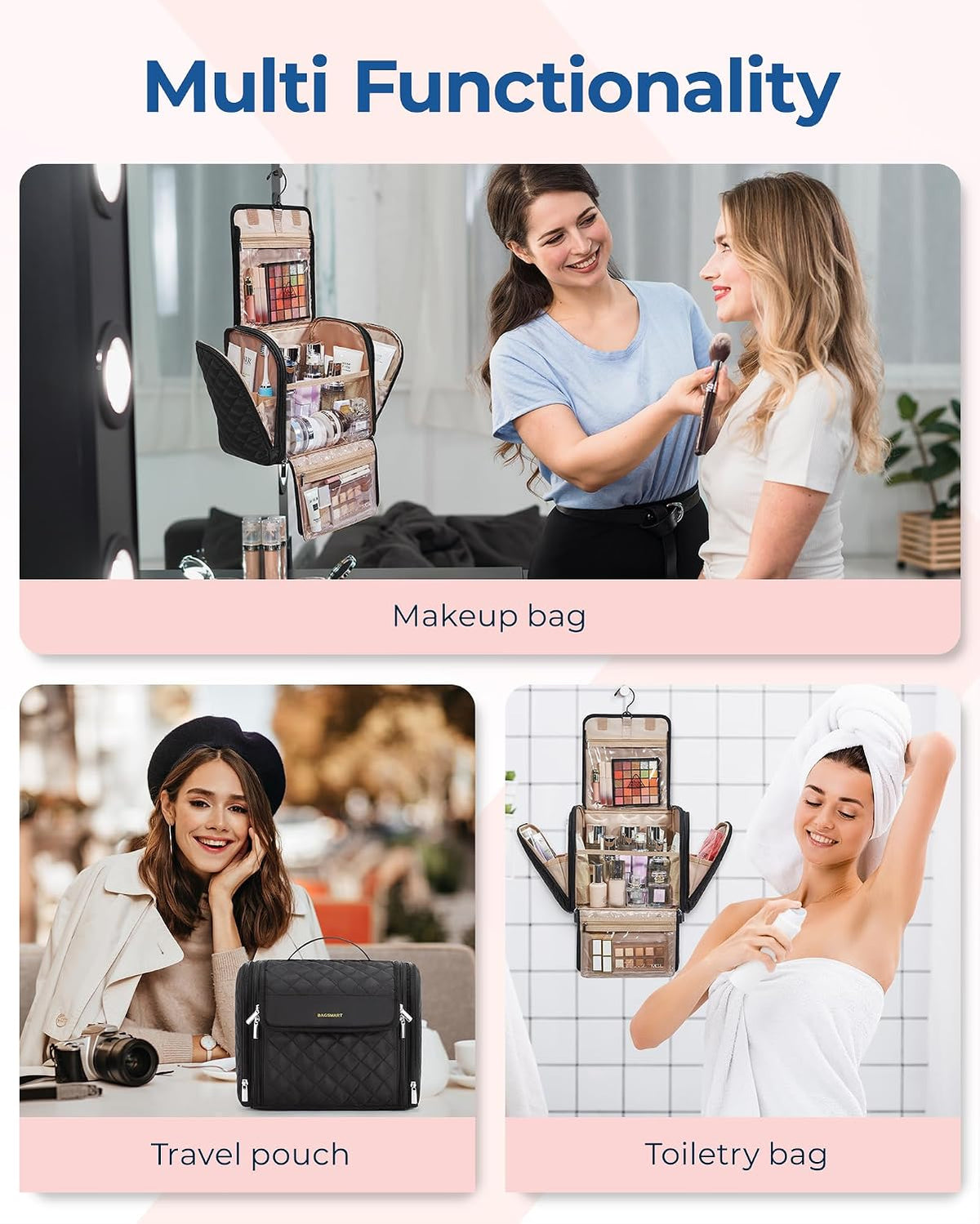 Hanging Travel Toiletry Bag, Large Capacity Water-Resistant Cosmetic Organizer with Handle for Brushes Accessories, Black