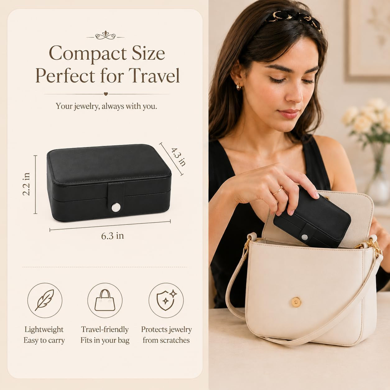 Travel Jewelry Box,Small Jewelry Organizer Boxes for Women Girls, 2 Layer Travel Jewlery Case,Pu Leather Mini Portable Jewerly Storage Display Holder for Earrings,Ring,Necklaces,Bracelets -Black