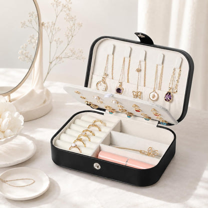 Travel Jewelry Box,Small Jewelry Organizer Boxes for Women Girls, 2 Layer Travel Jewlery Case,Pu Leather Mini Portable Jewerly Storage Display Holder for Earrings,Ring,Necklaces,Bracelets -Black