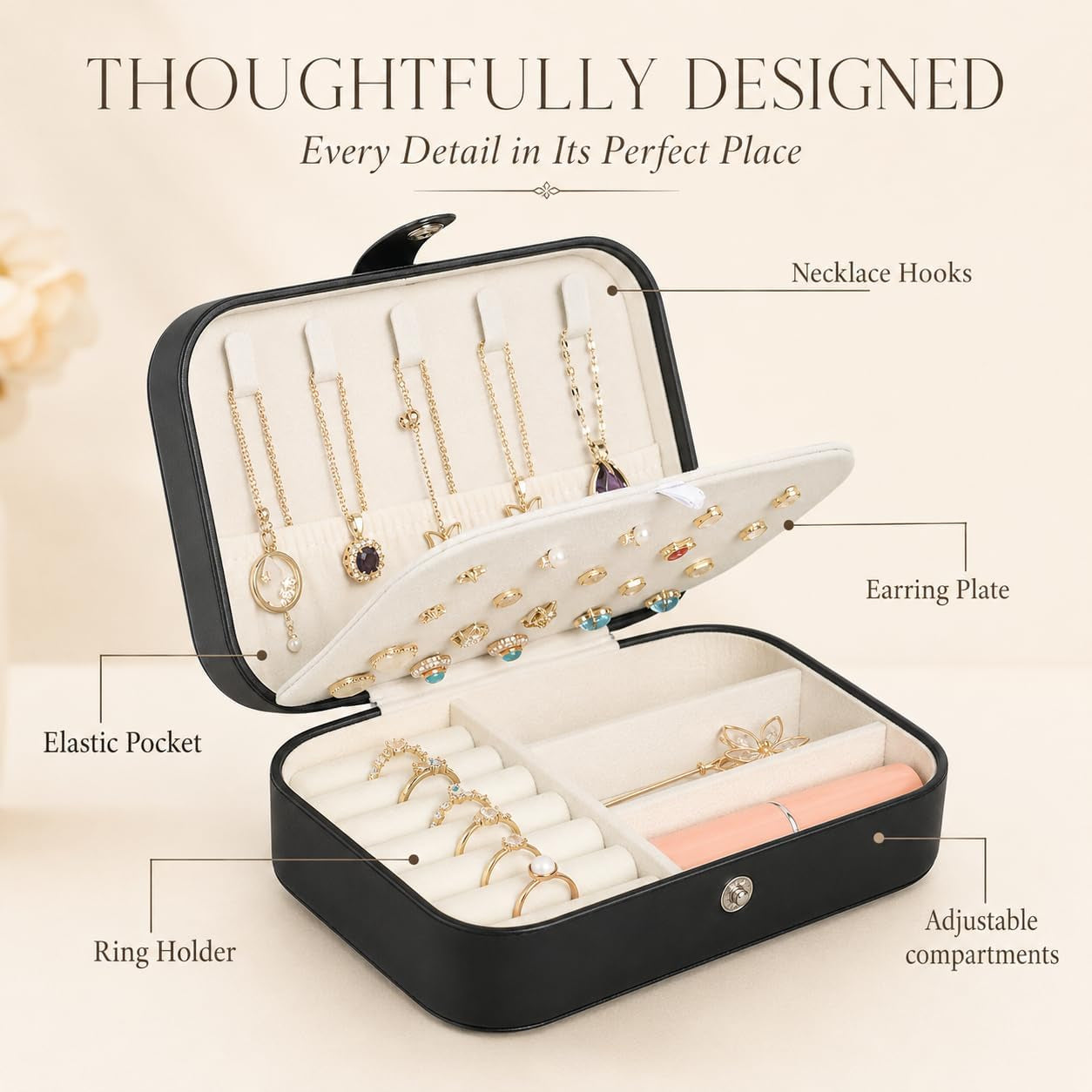 Travel Jewelry Box,Small Jewelry Organizer Boxes for Women Girls, 2 Layer Travel Jewlery Case,Pu Leather Mini Portable Jewerly Storage Display Holder for Earrings,Ring,Necklaces,Bracelets -Black