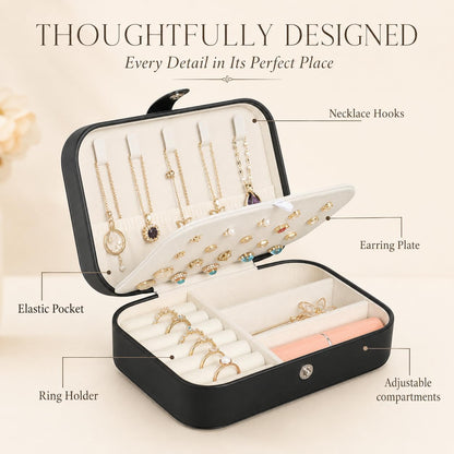 Travel Jewelry Box,Small Jewelry Organizer Boxes for Women Girls, 2 Layer Travel Jewlery Case,Pu Leather Mini Portable Jewerly Storage Display Holder for Earrings,Ring,Necklaces,Bracelets -Black