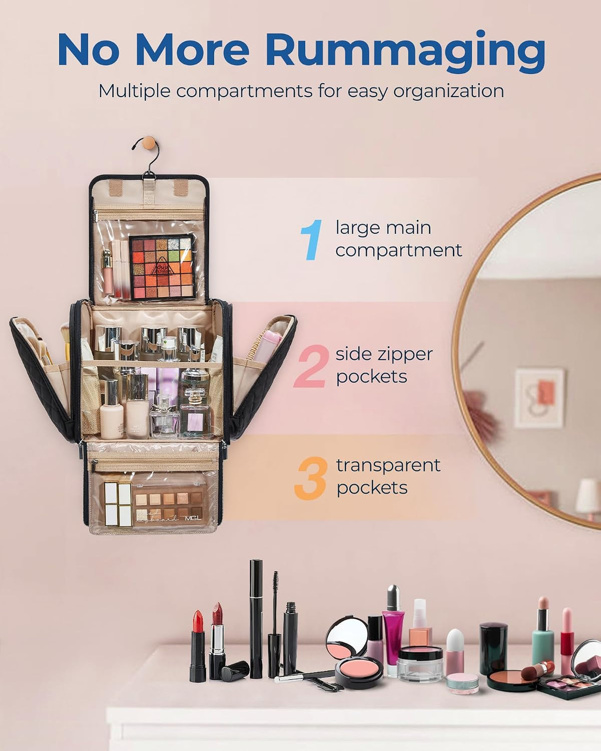 Hanging Travel Toiletry Bag, Large Capacity Water-Resistant Cosmetic Organizer with Handle for Brushes Accessories, Black