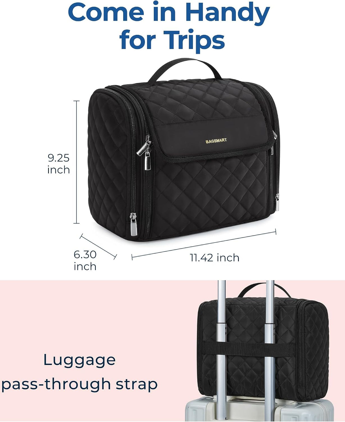 Hanging Travel Toiletry Bag, Large Capacity Water-Resistant Cosmetic Organizer with Handle for Brushes Accessories, Black