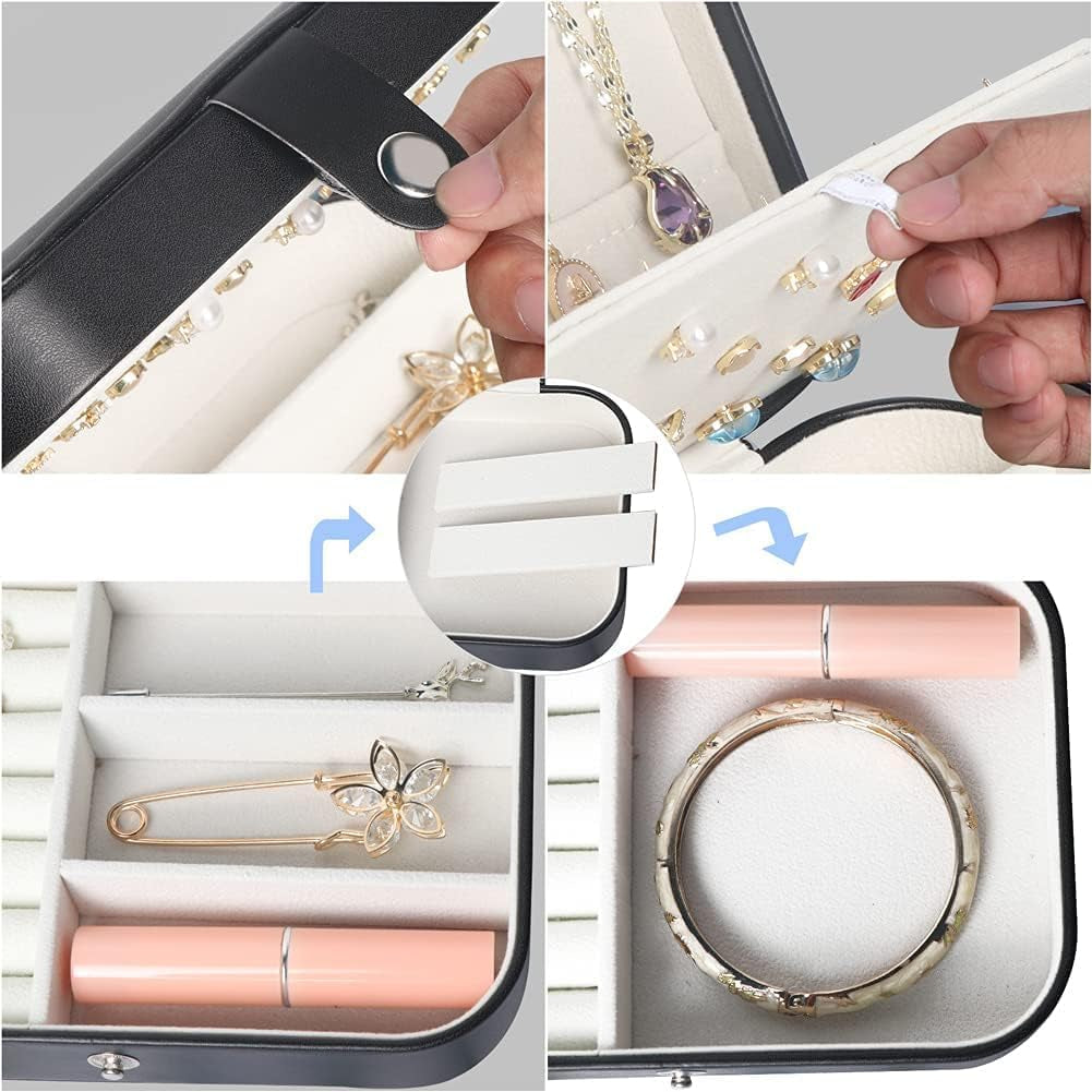 Travel Jewelry Box,Small Jewelry Organizer Boxes for Women Girls, 2 Layer Travel Jewlery Case,Pu Leather Mini Portable Jewerly Storage Display Holder for Earrings,Ring,Necklaces,Bracelets -Black