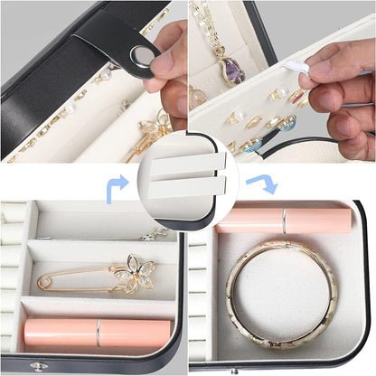 Travel Jewelry Box,Small Jewelry Organizer Boxes for Women Girls, 2 Layer Travel Jewlery Case,Pu Leather Mini Portable Jewerly Storage Display Holder for Earrings,Ring,Necklaces,Bracelets -Black