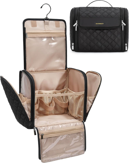 Hanging Travel Toiletry Bag, Large Capacity Water-Resistant Cosmetic Organizer with Handle for Brushes Accessories, Black